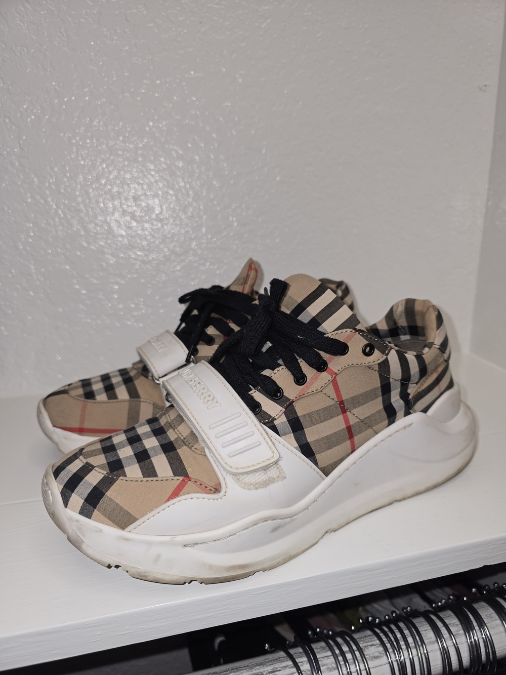 Burberry Tan Plaid Sneakers with Black Laces and Red Accent - Picture 8 of 11